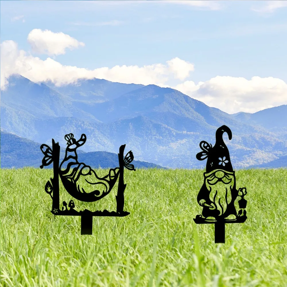 “1pc Captivate Your Garden with This Metal Gnome Decor Yard Sign – For an Enchanting Garden Party.”