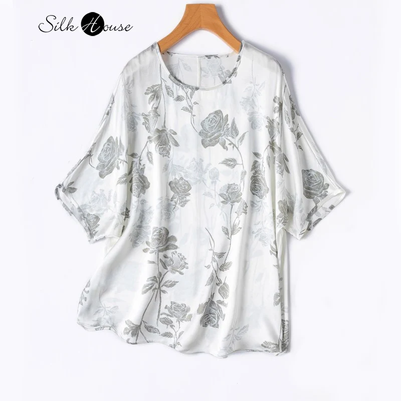 

Be Simple But Elegant Rose Printed 100% Natural Mulberry Silk Plain Satin Loose Batwing Sleeve Round Neck Casual T-shirt