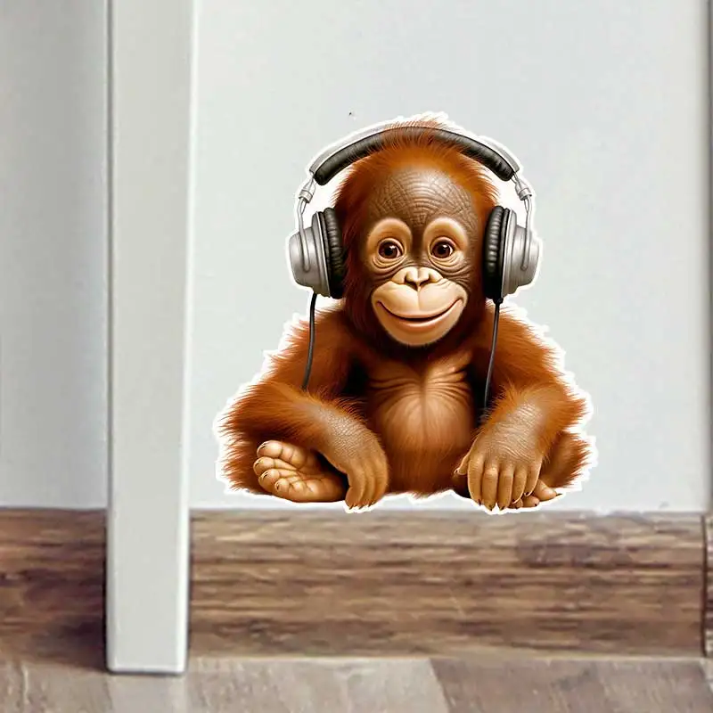 Little Orangutan Listening to Music Wall Stickers Children's Room Art Decals Living Room Background Decoration AA24