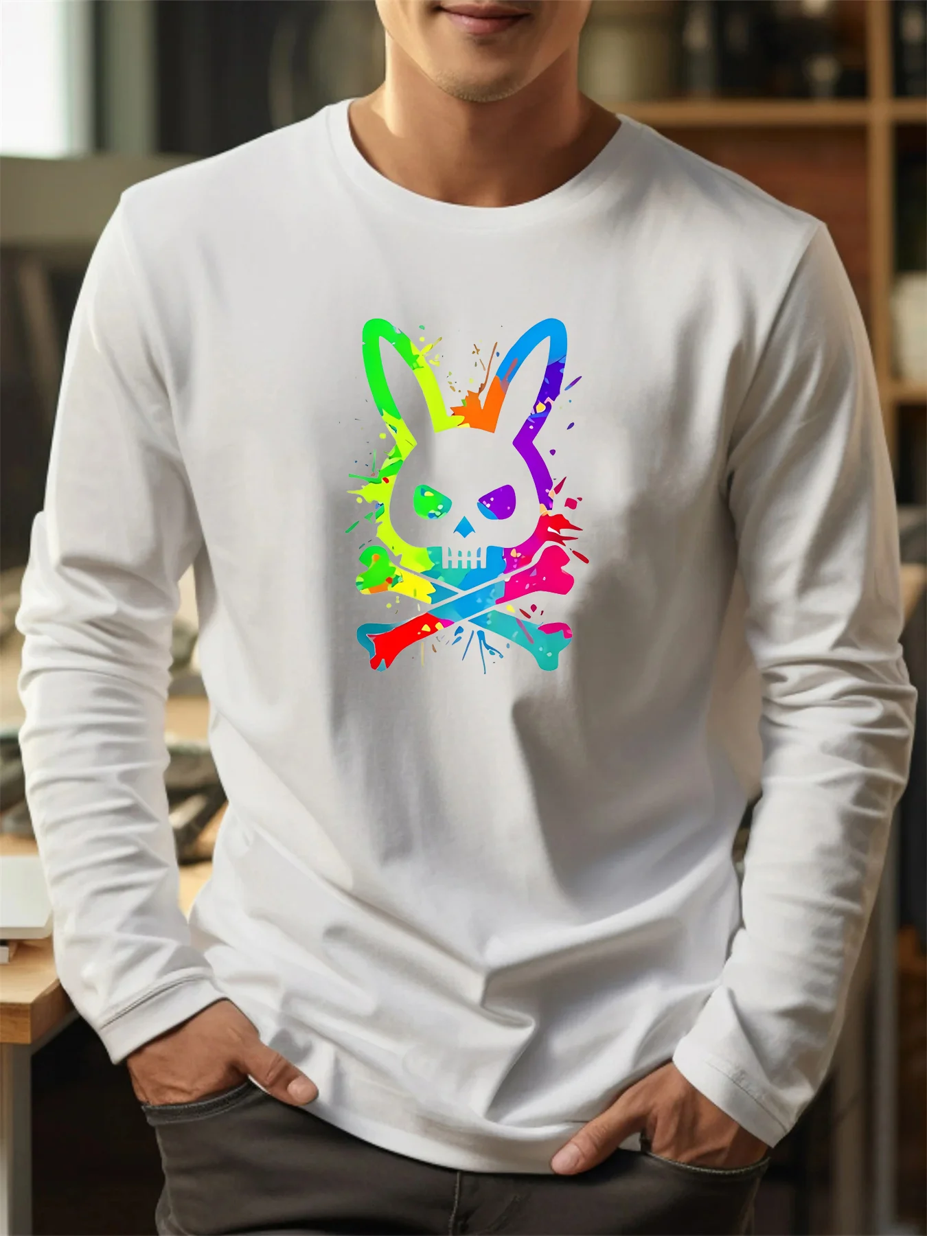 100% pure cotton men's long sleeved round neck loose rabbit skull pattern printed spring and autumn casual versatile T-shirt top