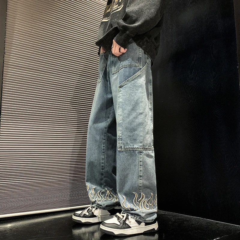 2023 Spring New Personality Embroidery Men\'s Baggy Jeans Streetwear Loose Straight Denim Trousers Male Brand Clothing