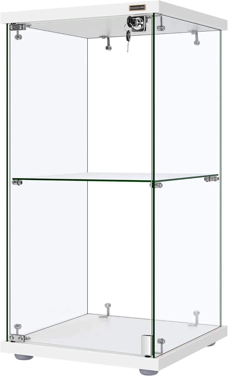 Glass Display Cabinet with Lock, 2-Tier Tempered Glass Showcase Countertop, 15.7"W x 15.7"D x 31.9"H, Sturdy MDF Base, Secure