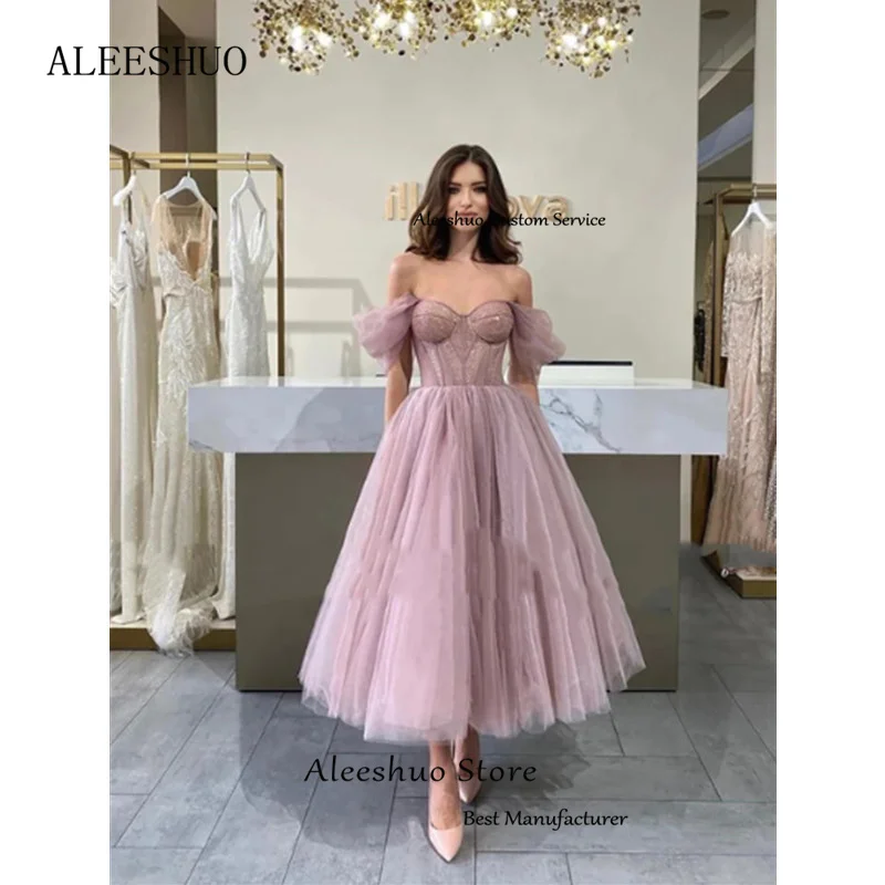 Aleeshuo Simple A-Line Prom Dresses Organza Off The Shoulder Strapless Evening Dress Saudi Arabia Ankle-Length Cocktail Occasion