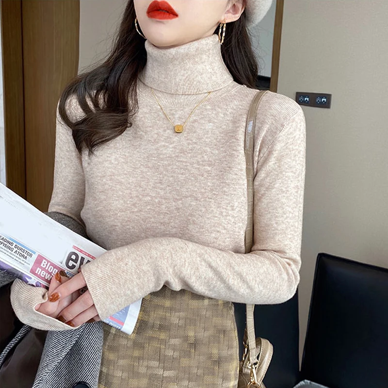 Autumn Winter Turtleneck Women Knitted Sweater New Long Sleeve Loose Pullover Knit Tops Casual Solid Color Basic Bottom Jumper