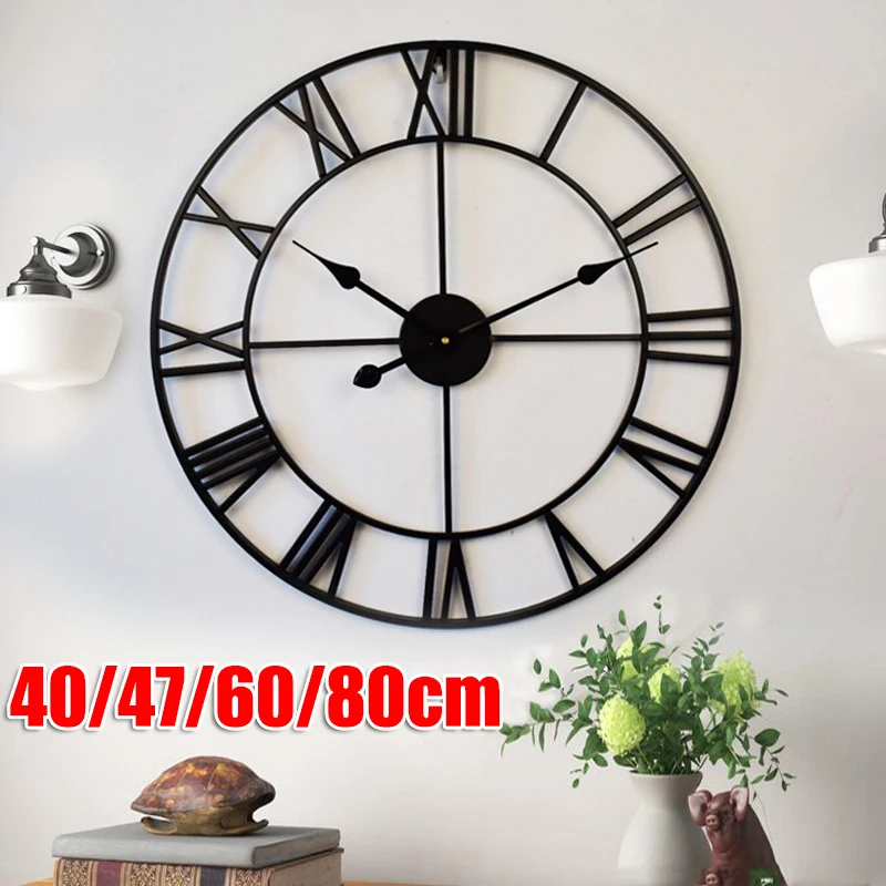 

40/47/60/80cm 3D Large Retro Metal Wall Clock Wall Mounted Iron Round Hollow Clock Nordic Roman Numerals Clock Home Decoration