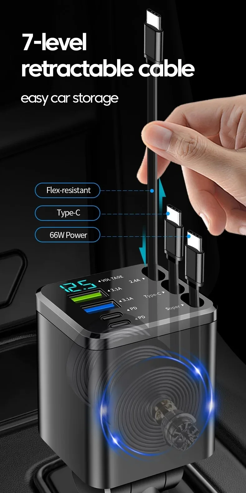 Typ-C Handy-Autoladegerät 7-in-1 mit Erweiterungskabel, Dual-Port USBPD Schnellladegerät für Zigarettenanzünder im Auto – Detail 6