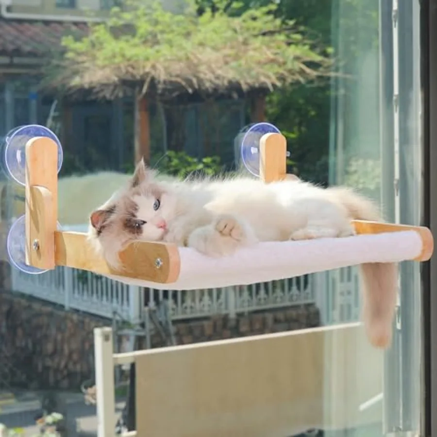 

Cat Window Perch with Wooden Frame Foldable Cat Hammock Bed for Indoor Cats, Soft Cover, Washable, Strong Suction Cups, No Dril