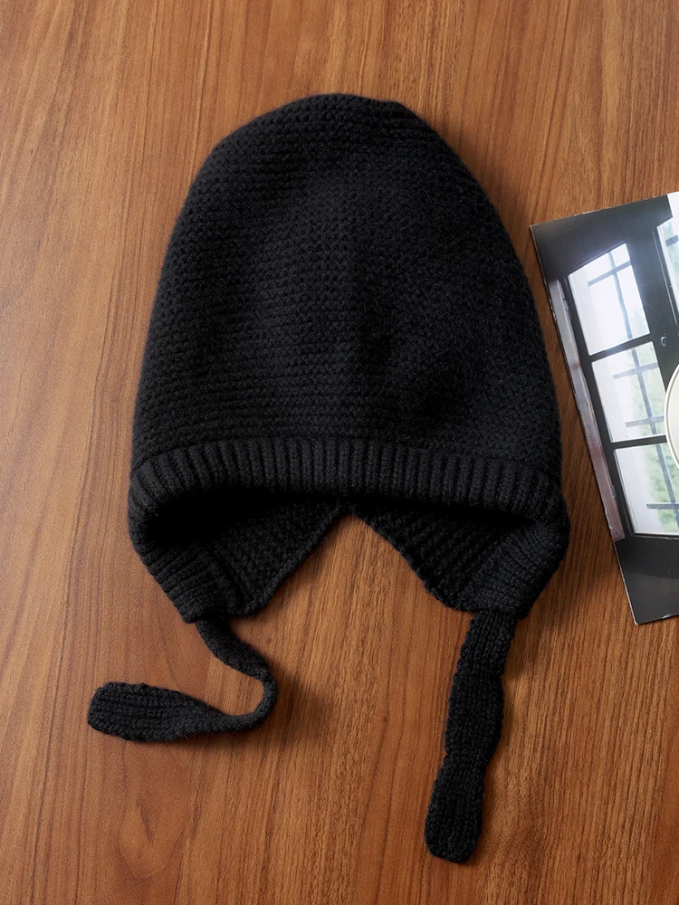 100% wełniana sznurowana kominiarka czapki dla kobiet zimowa czapka z nausznikami miękka ciepła kaszmirowa czapka Street SKi Skullies czapka