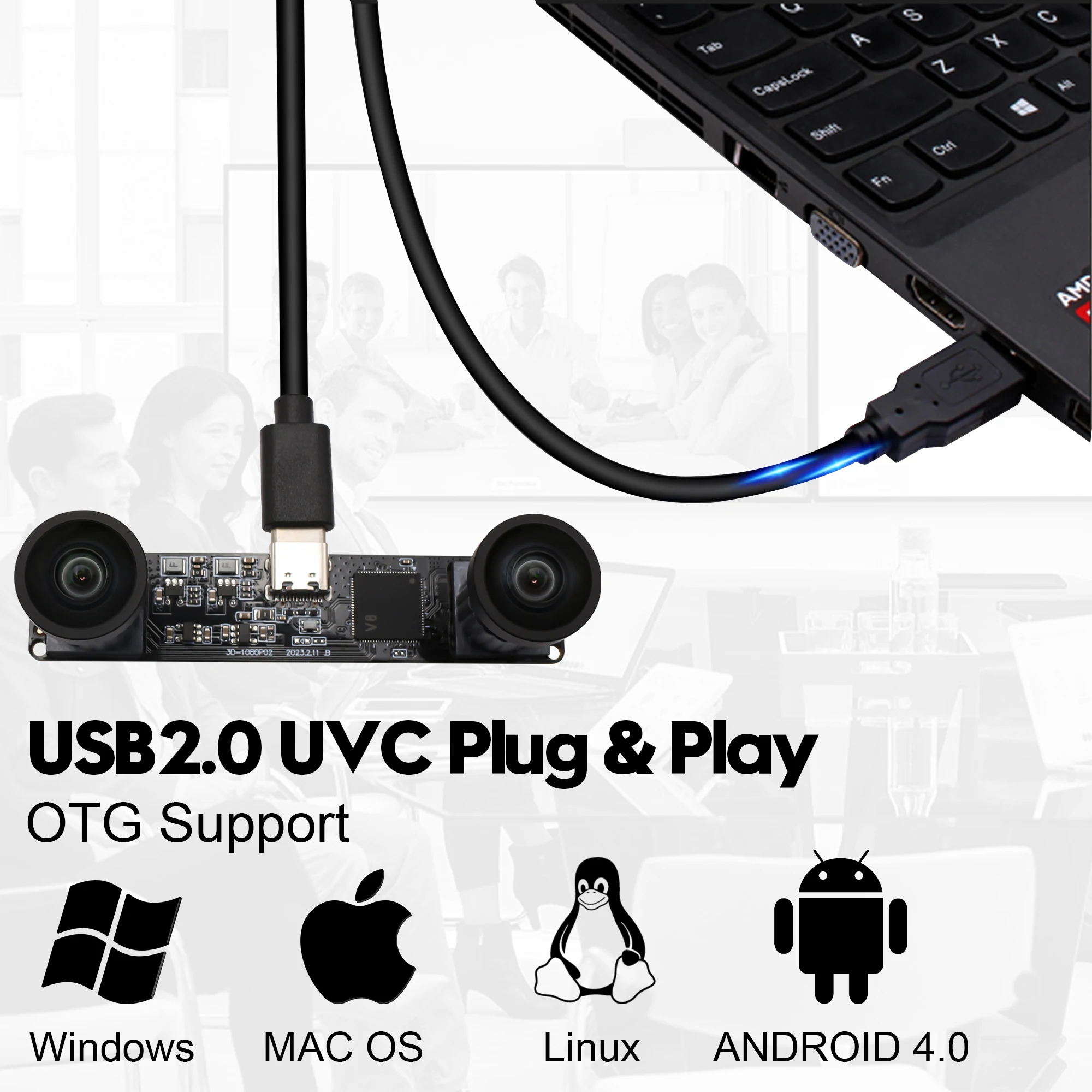 ELP 4MP 同期ステレオ USB カメラモジュール 3840x1080 60fps 高速 3D カメラ、広角、歪みなし、デュアルレンズ