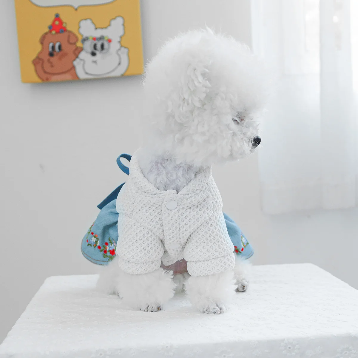 1PC pet clothing dog spring and autumn flower bow denim skirt is suitable for small and medium -sized dogs