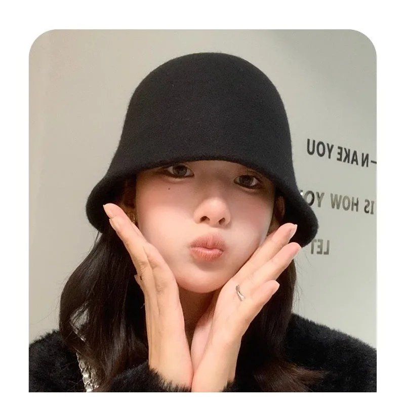 Fisherman hat female fall and winter wool tweed black temperament winter warm bucket hat