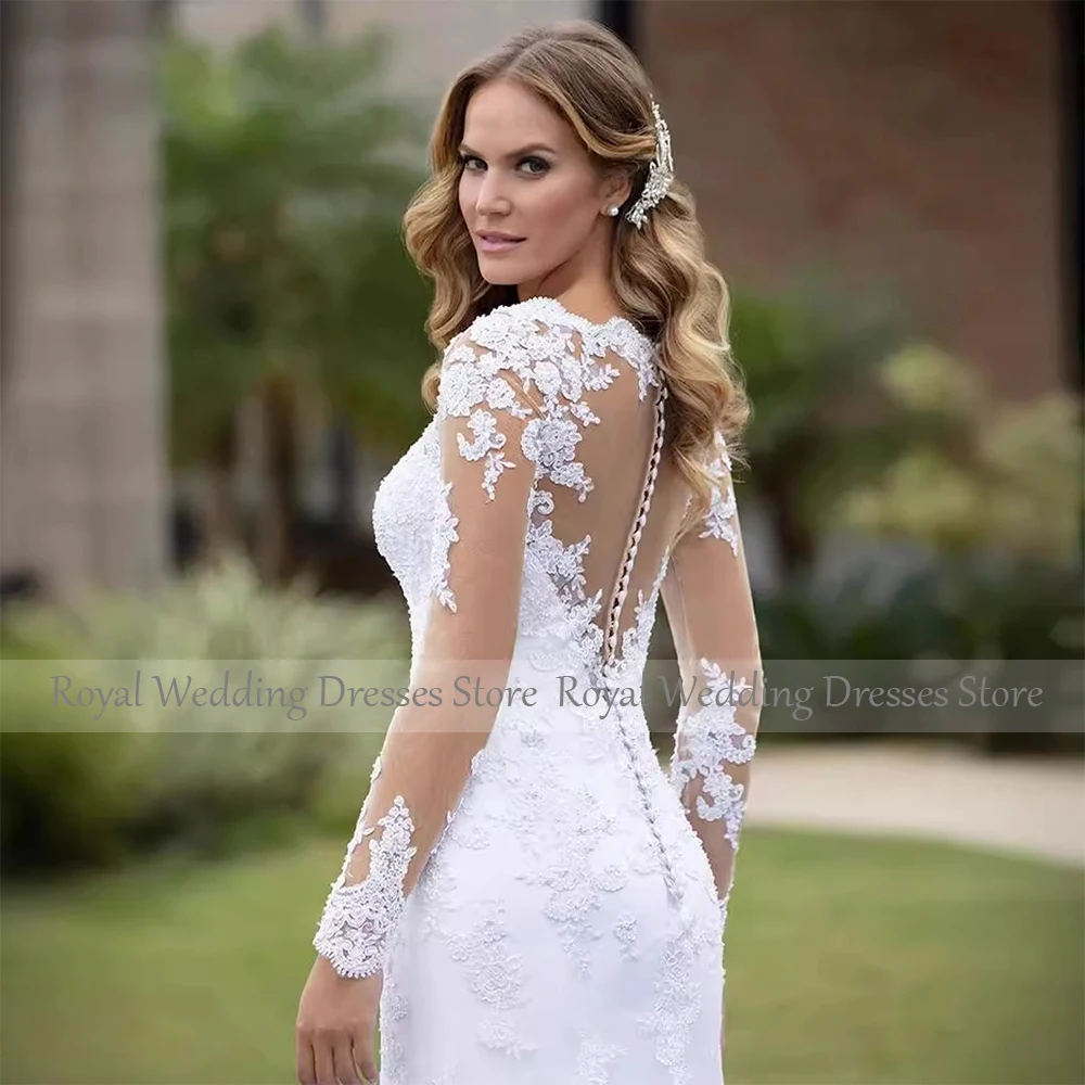 Elegant Wedding Dress White Appliques Boat Neck Mermaid Luxury Wedding Gowns for Bride 2024 Long Sleeves Trumpet Bridal Dresses