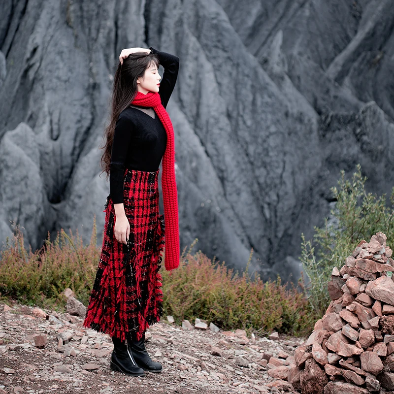 TIYIHAILEY Long Mid-Calf Women S-XL Wool Red And Black Plaid Ladies Skirts Autumn Winter New Fashion