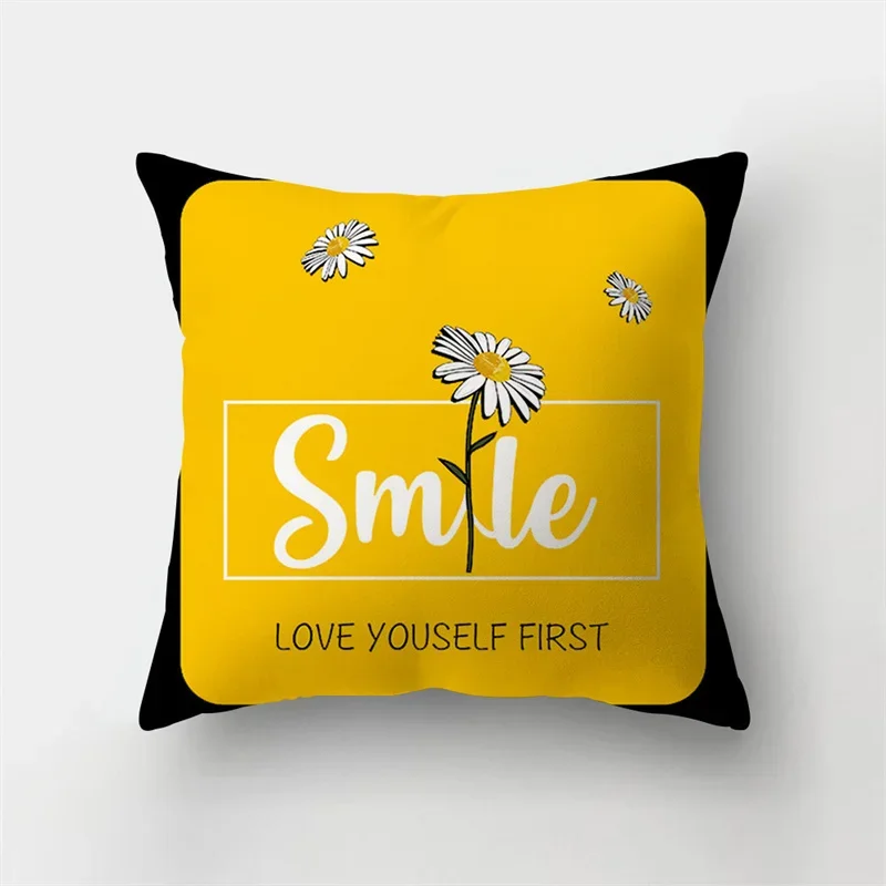 Modern Yellow Daisy Flower Cushion Cover Creative Letter Print Pillowcase 45x45cm  Home Decor  Textile Finished