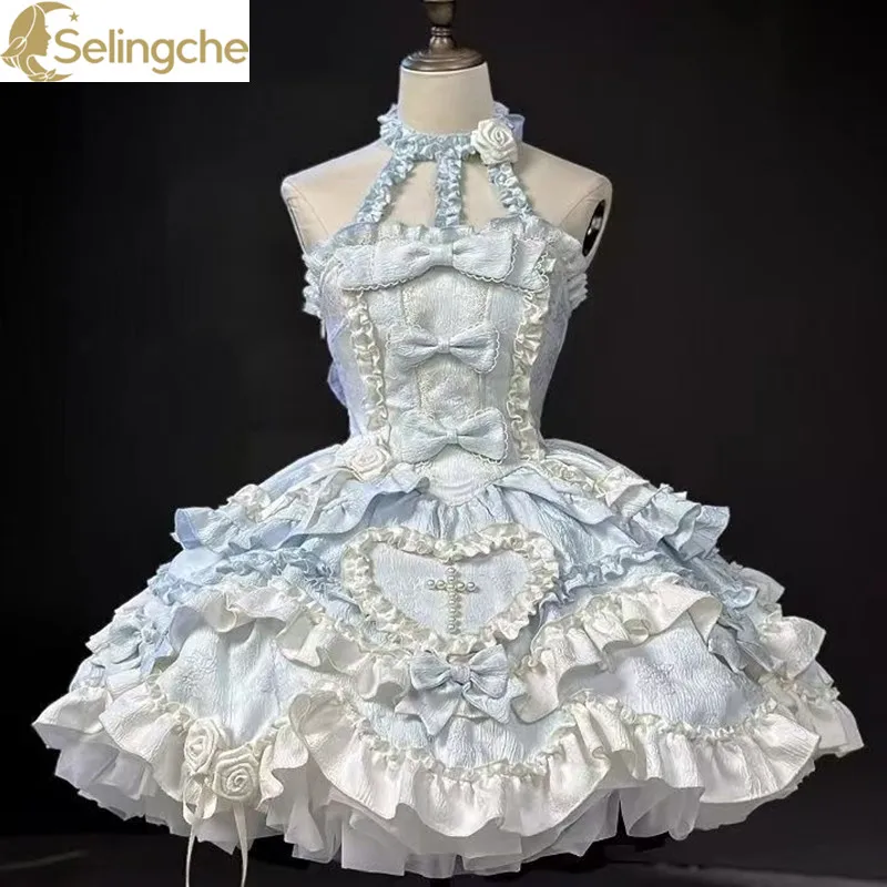 

Cute Slanted Neck Slim Fit Lolita Dress for Women Sweet Bow Off Shoulder Suspender Elegant Women's Dress