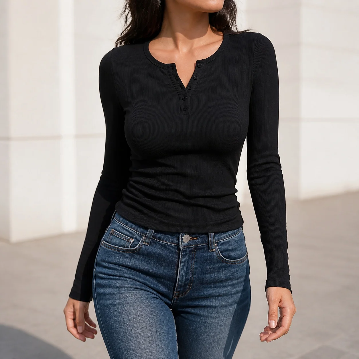 Women's Elegant Solid Color Slim Fit Long Sleeve V Neck Crop Knit Blouse with Button Front – Women's Long Sleeve Shirt Blouse