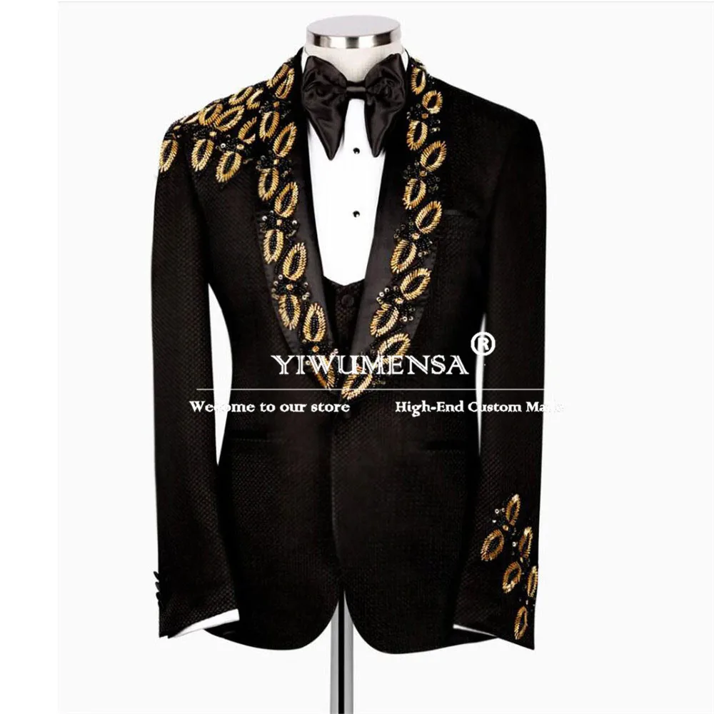 Man Gold Crystals Beaded Wedding Suits Slim Fit Black Shawl Lapel Prom Blazer Formal Party Men's Banquet Groom Tuxedo Clothing