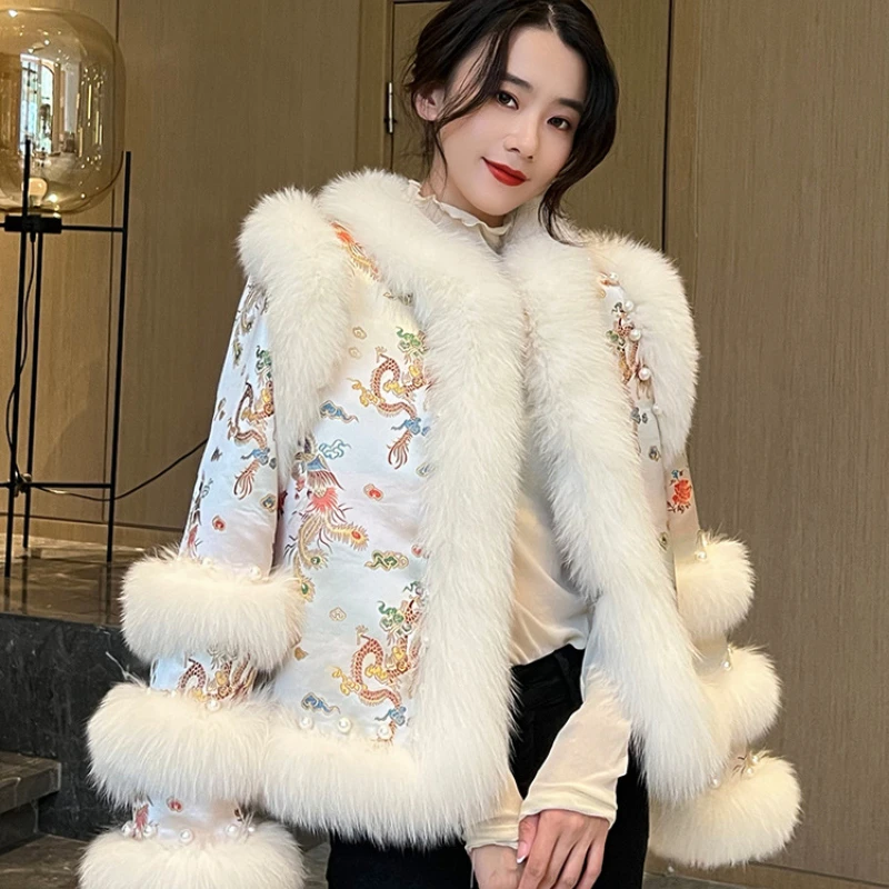 Faux Fox Fur Coat Women Short Fashionable Youthful Embroidered Tang Suit Luxury Fuzzy Outerwear, Winter, New Design Style, 2024