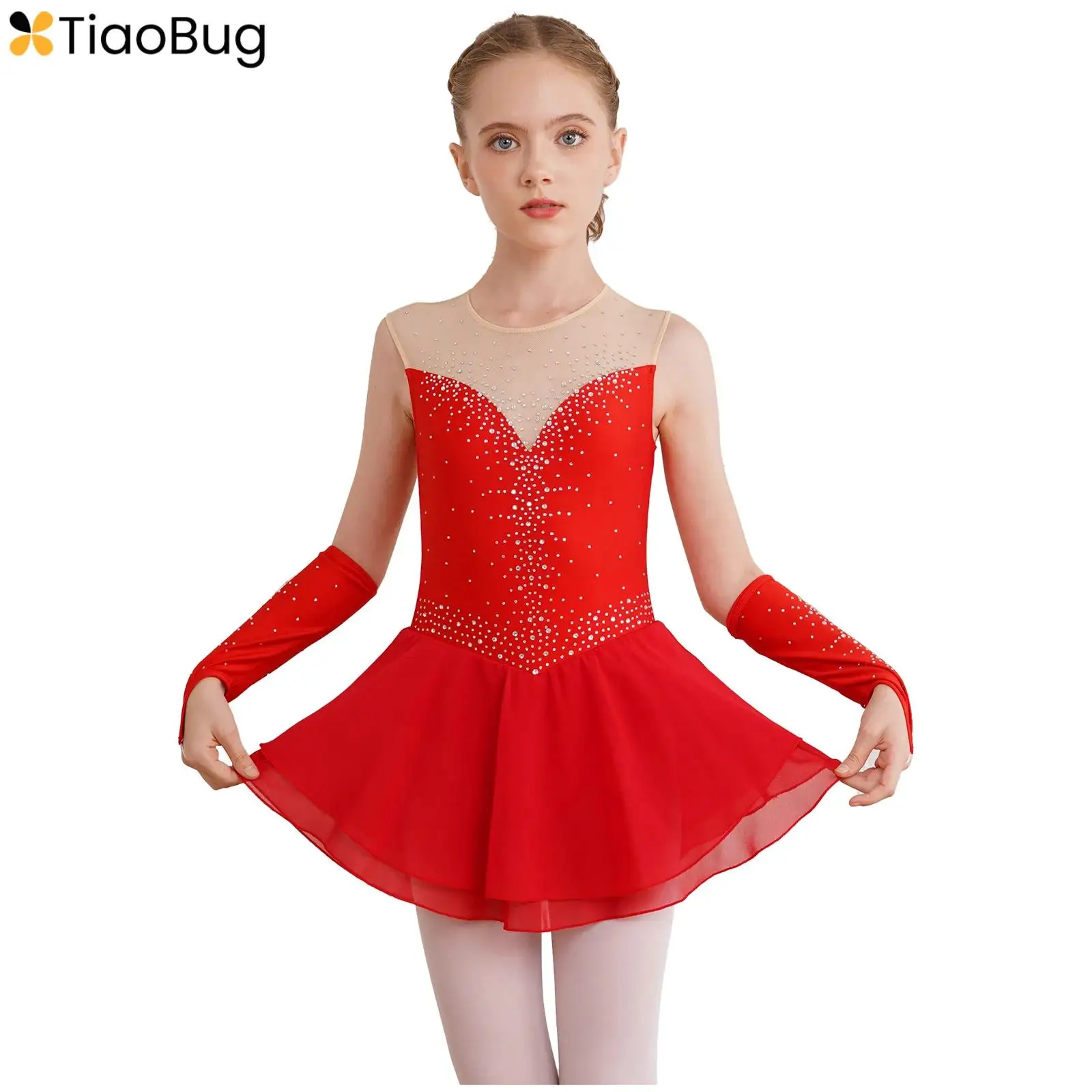 

Kids Girls Figure Skating Dress Gymnastics Leotard Performance Dancewear Glittering Rhinestone Sleeveless Dance Dress+Gloves Set