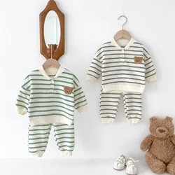 2024 Autumn Set Infant Toddler Striped Cartoon Long Sleeve Sweatshirt Boys Girls Baby Pullover Casual Top + Pants