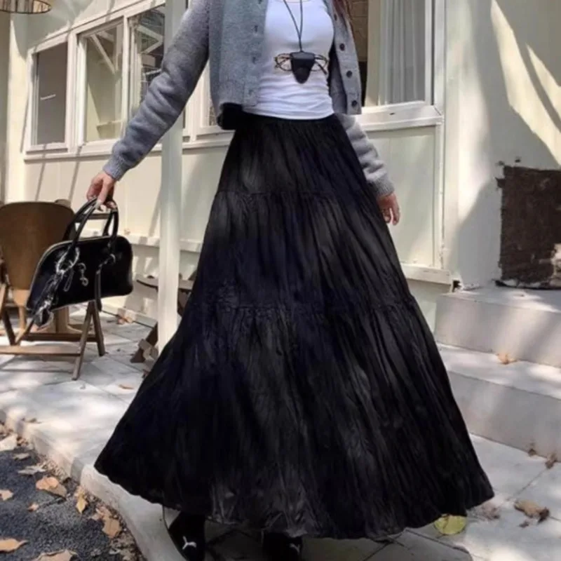 Jesienno-zimowa spódnica damska z wysokim stanem, plisowana, długa, w stylu vintage, modna, jednokolorowa, o kroju litery A, luźna, codzienna, streetwearowa, kolekcja 2025.