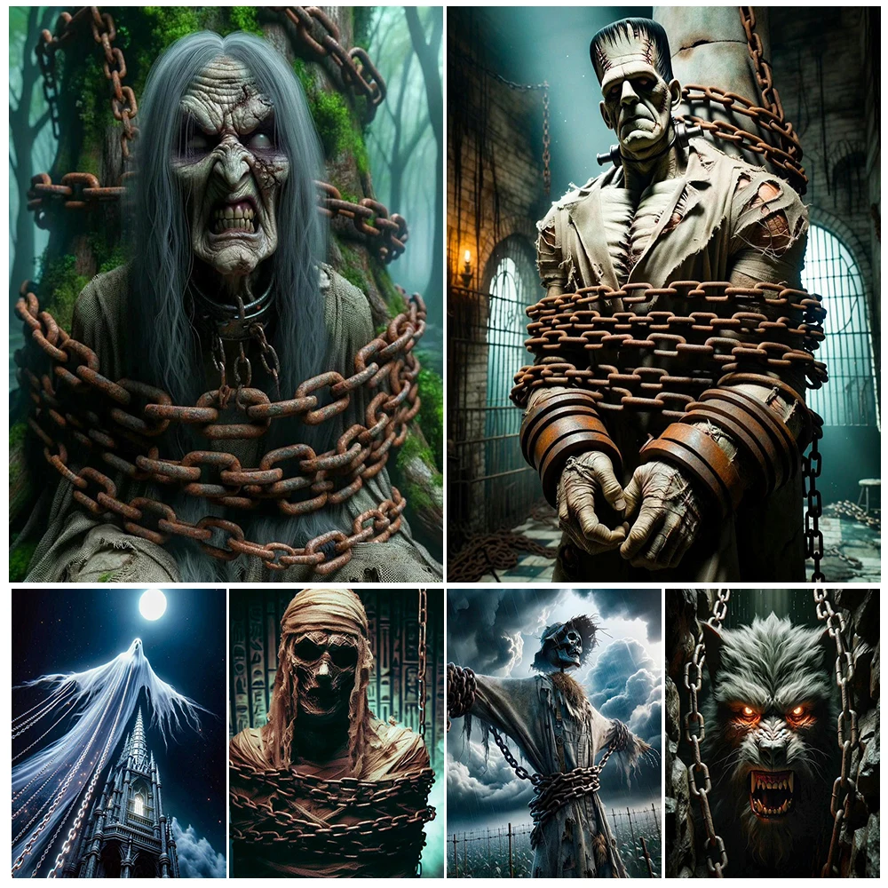 الساحرات والأشباح والشياطين والهياكل العظمية والزومبي مصيدة في سلاسل. خمر جدار الفن قماش طباعة الرعب السحر ملصق فني طباعة ديكور #1