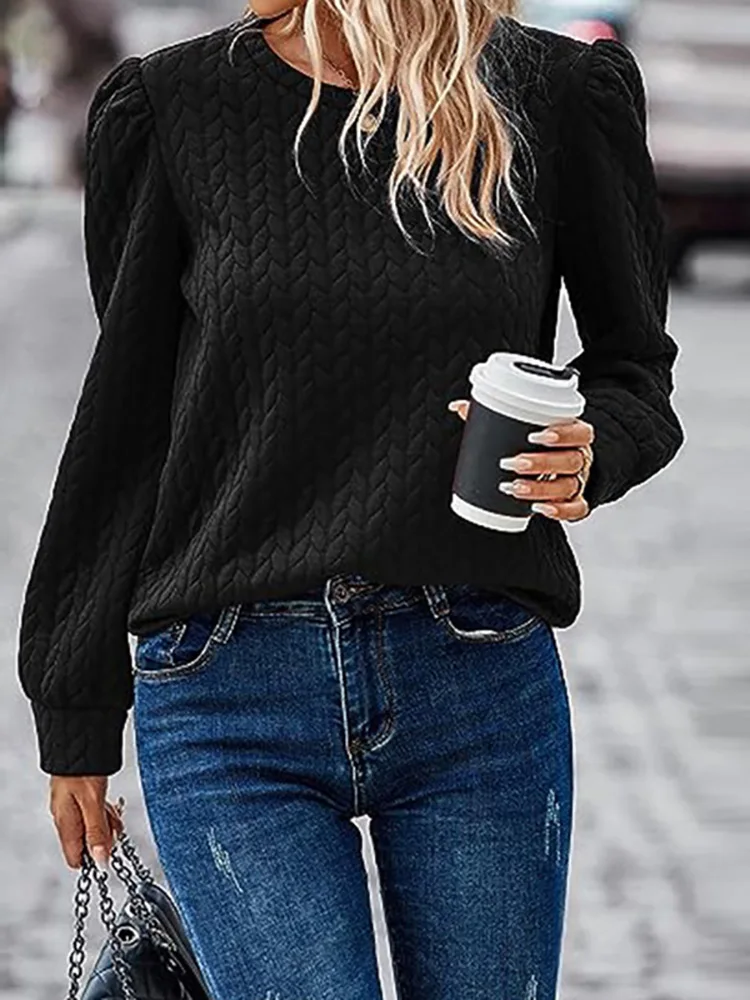 2023 Loose Holiday Long Puff Sleeve Tops, Women Loungewear O-Neck Fashion Hoodies, Autumn Winter Folds Simple Ladies Pullovers