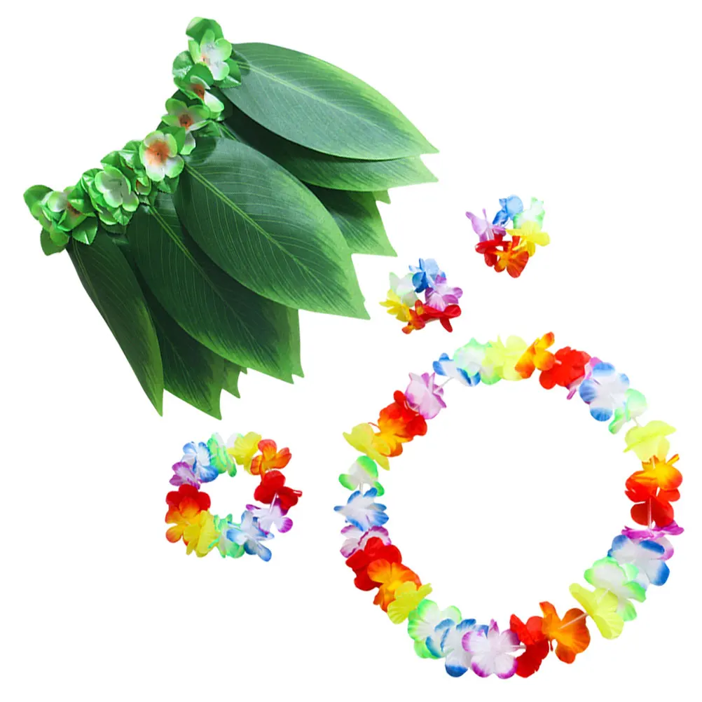 

5pcs Hawaiian Leaf Set Xl 100-160 Cm Waist Green Fabric Leaves Elastic Hula Grass Skirt For Luau Party Beach Tropical Theme