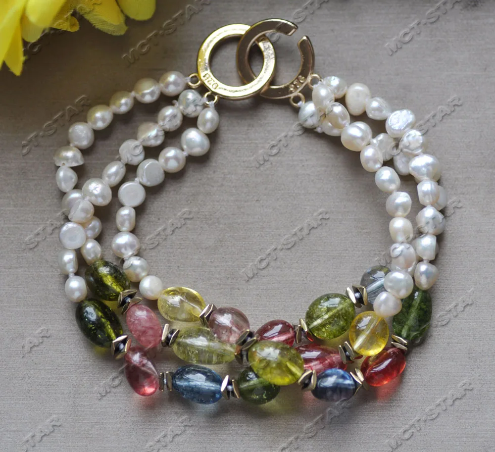 

MCT·STAR Z12804 3row 8" White Baroque Pearl Multicolor Tourmaline Bracelet