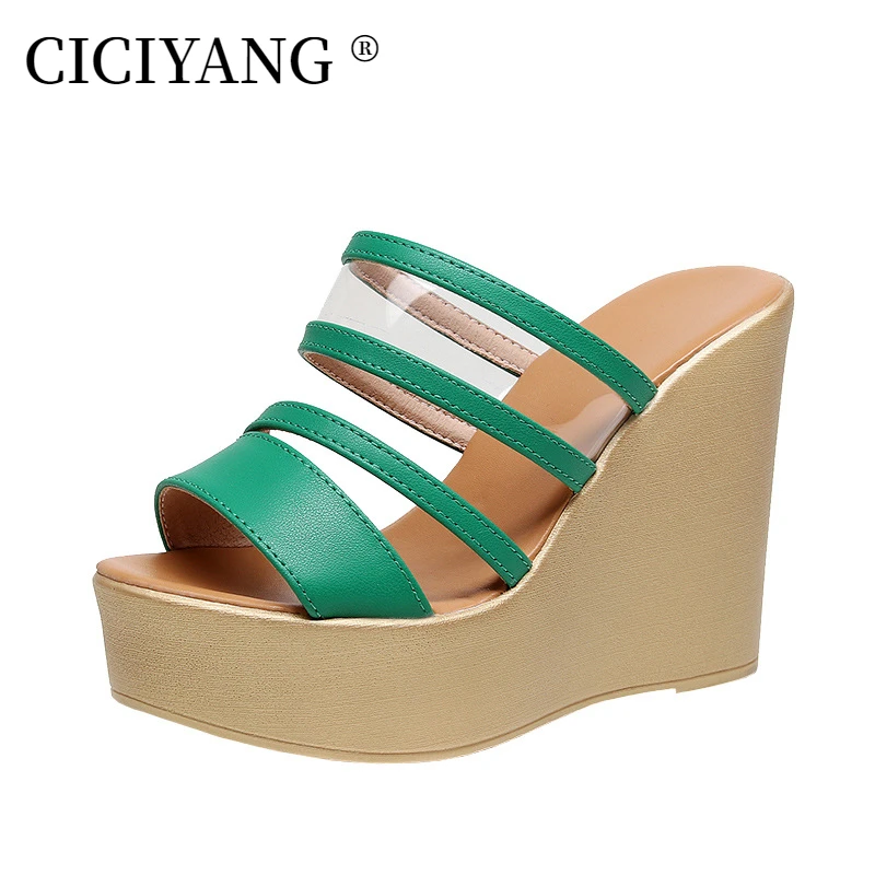 

CICIYANG 11.5cm Super High Heel Fashion Slipper Women 2024 Summer New Ladies Sexy Gold Patent Leather Wedges Fish Mouth Sandals