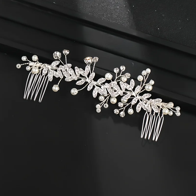 Crystal Pearl Hair Comb Clip Pin Rhinestone Leaf Hair Comb Headband Tiara For Women Bride Wedding Hair Accessories Jewelry Comb