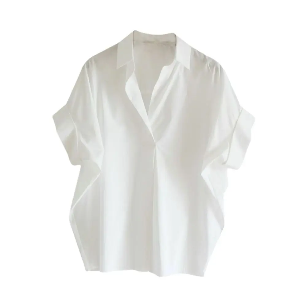 심플한 브이넥 플립 칼라 티셔츠 크롭탑 루즈핏 반팔 블라우스 시크 Y2K 베이직 티셔츠 여성 여름