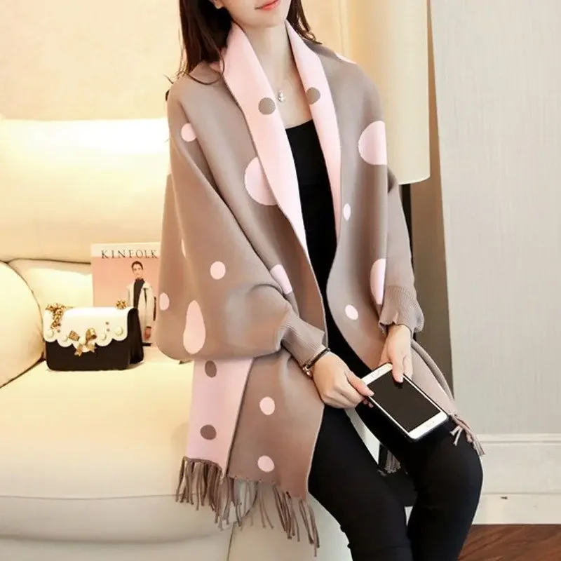 

Women Spring Autumn Shawl Lady Knitted Wrap Dot Print Sexy Cloak Loose Fit V-collar Fall Poncho Wholesale Drop Shipping T33