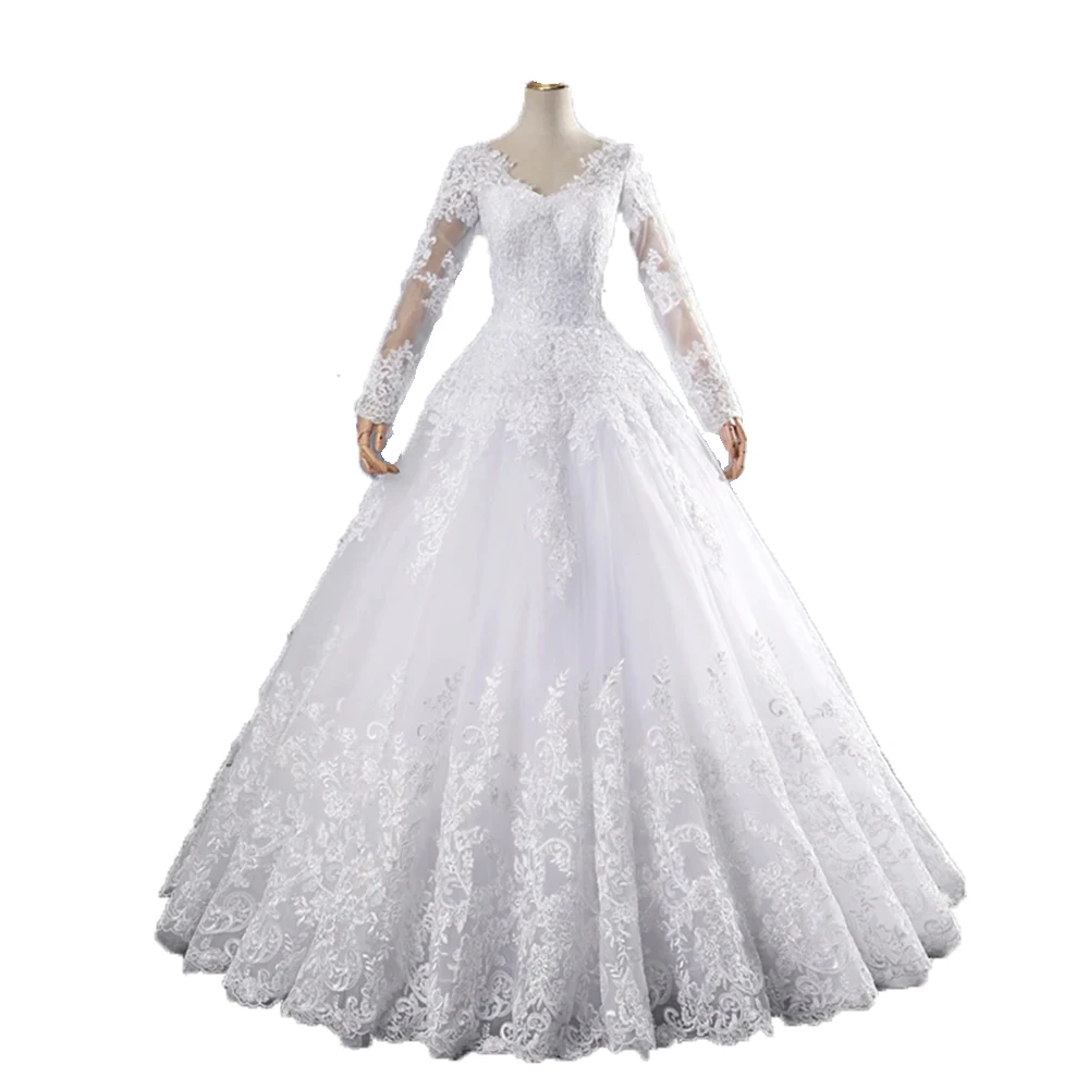 Luxury White Lace Bridal Gown Long Sleeve Lace Applique Ball Gown Backless Lace-Up Formal Evening Dress