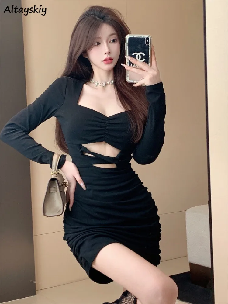 Hollow Out Black Dresses Women Sexy Design Long Sleeve Slim Hip Wrap Vestidos Attractive Square Collar Ulzzang Fashion Temper