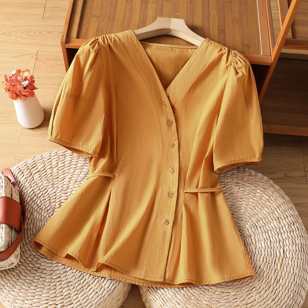 

plus Size Women's Shirt Summer New V-neck Button up Short Sleeve Tie Waist Loose Fit Princess Sleeve Comfortable Breathable