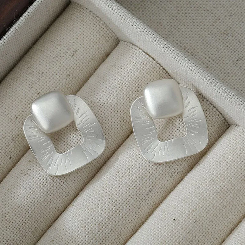 100% 925 Sterling Silver Geometric Earrings for Women Girl Square Hollow Out Design Frosted Jewelry Birthday Gift Dropshipping