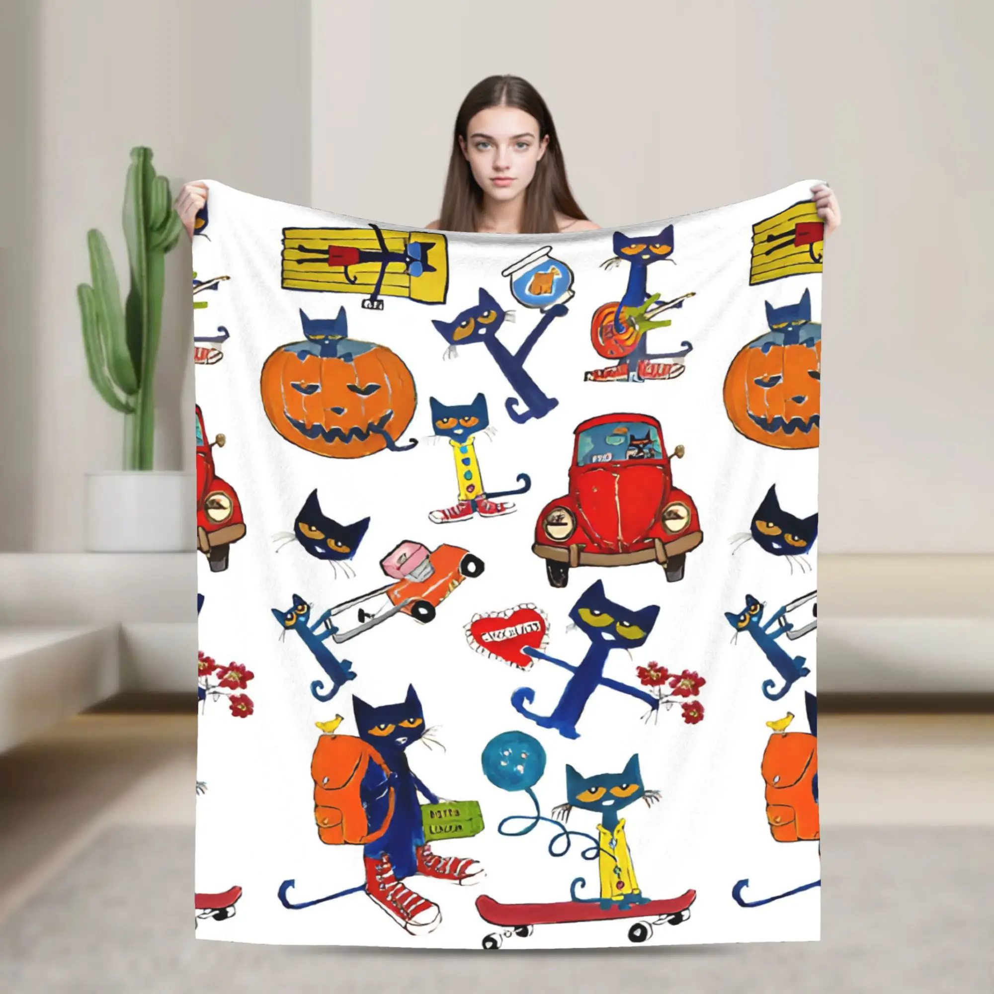 Pete the Cat Cartoon Flannel Blanket Groovy Cat Fashion Throw Blankets for Bed Sofa Couch 150*125cm Quilt,