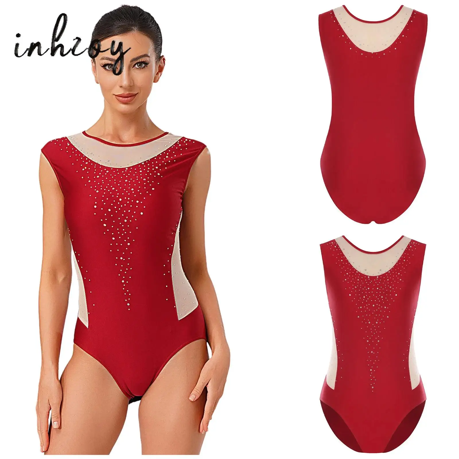 

Women Gymnastics Figure Skating Bodysuit Round Neck Sleeveless Shiny Rhinestone Mesh Patchwork Leotard Jumpsuit for Ballet Dance