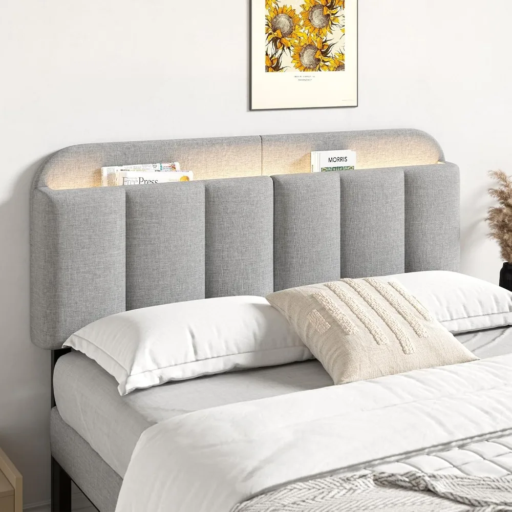 

Adjustable Headboard for Full King Size Bed Frame,Linen Fabric Bed Headboard Storage & RGB LED Light in Vertical Channel Design
