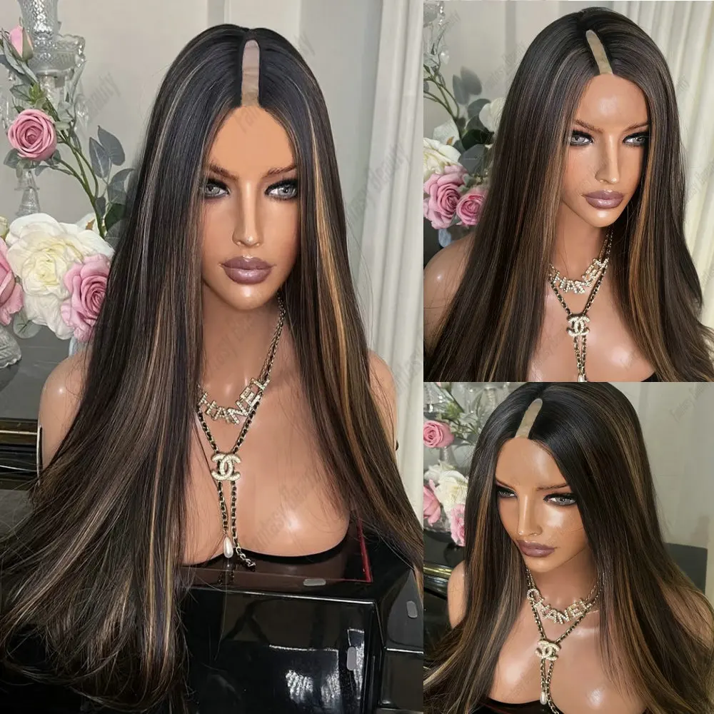 

Honey Blonde Hightlight Long Silk Straight Human Hair 1x4 V Part Wigs for Women 200Density Full Machine Made Wigs Easy Wear