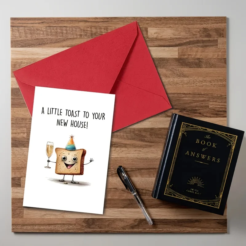 Housewarming Card - Cute Toastie character with champagne party hat, funny message "To your new home, cheers!" - Moving in, apartment warming up, birthday gift