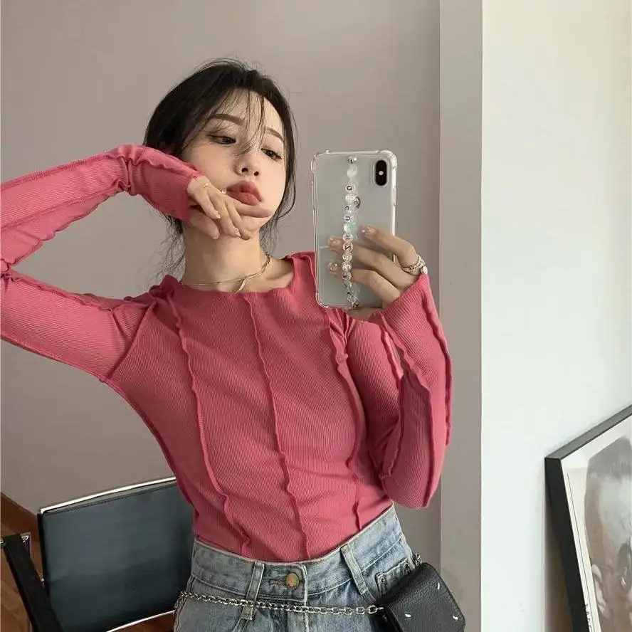 

Slim Long-Sleeved Shirt T-Shirts Women Spring Solid O-Neck Elegant Bright Line Decoration Slim Soft High Quality Ladies Clothing