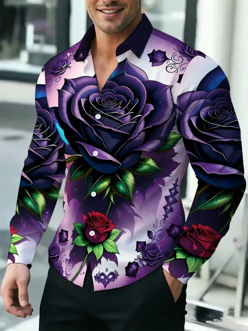 New men's purple rose flower gradient printed long sleeved shirt with a hanging collar and slim fit men's top