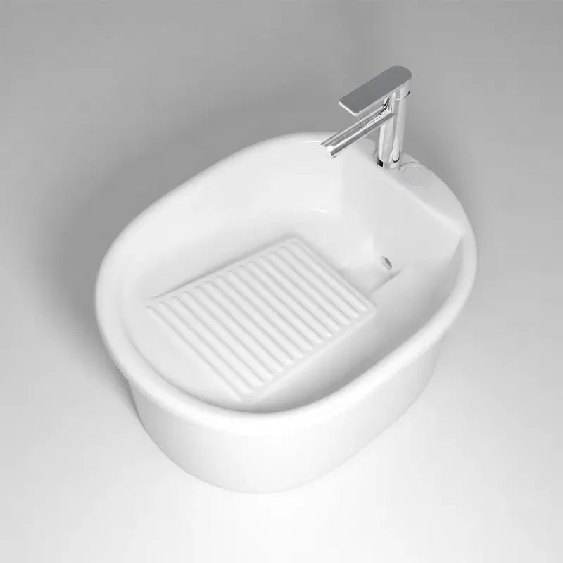 2026 Chinese Style Ceramic Integrated Laundry Basin with Washboard Easy to Clean Floor Standing Bathroom Sink Made in