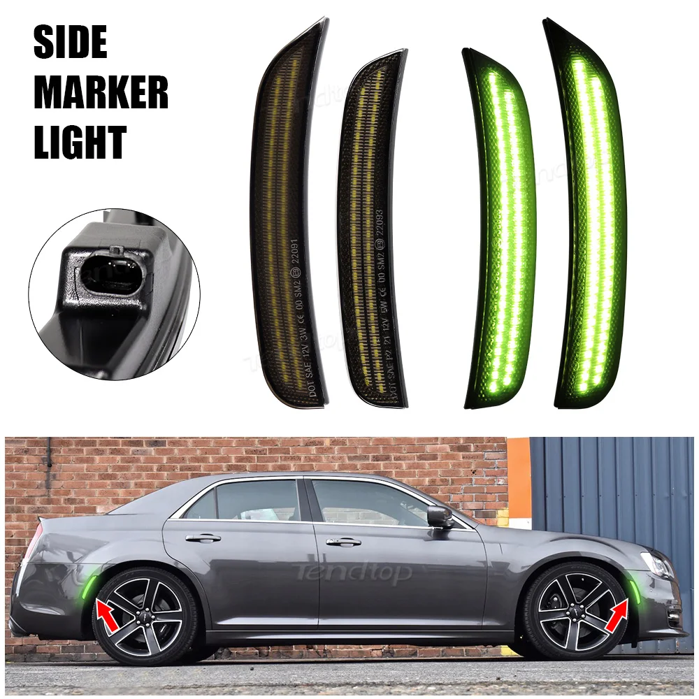 4pcs Front Rear Green Led Side Marker Lights Front Rear Full Set Smoke Indicator Blinker Light For 2015-2023 Chrysler 300