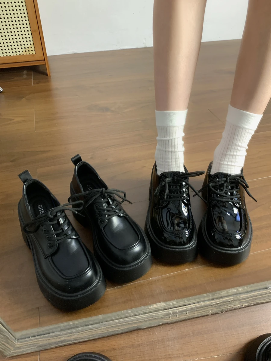 

Shoes Woman Flats British Style Oxfords Clogs Platform Dress New Preppy Retro Leather Creepers Black On Heels Summer Flat Black