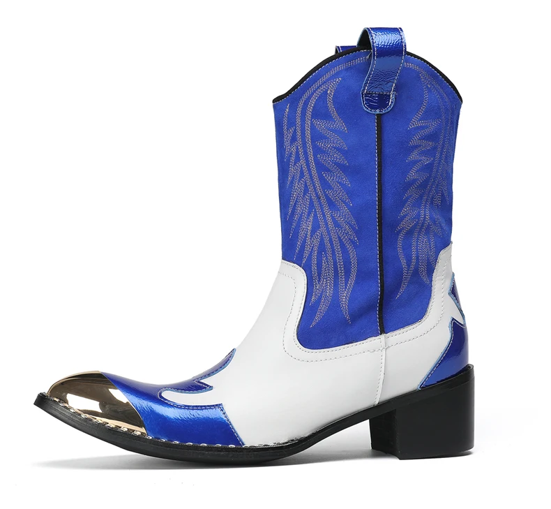 Mode Spitz Männlichen Stiefeletten Plus Größe Party Schuhe Stickerei Cowboy Stiefel Aus Echtem Leder Männer Motorrad Kurze Stiefel – Detail 2