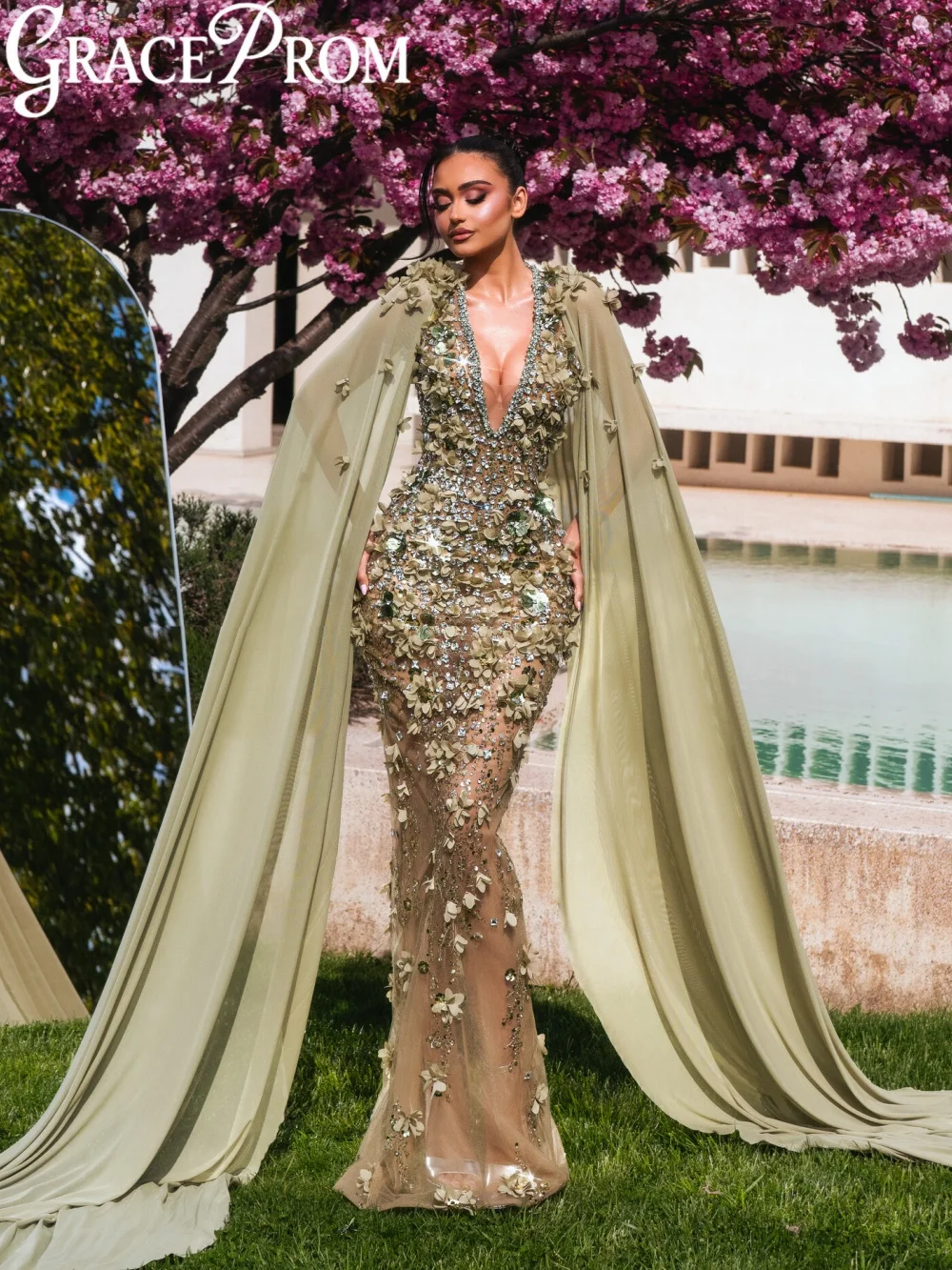 

Sage Green Luxury Crystal Evening Dress 3D Floral Cape Sleeve Wedding Party Gowns Customized Stunning Illusion Banquet Gowns