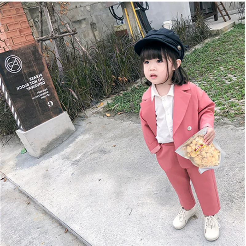 

Korean Style Autumn Blazer Suit Set for 3-8Y Baby Girls Pink Double Breasted Coats Cardigans with Pockets Loose Pants